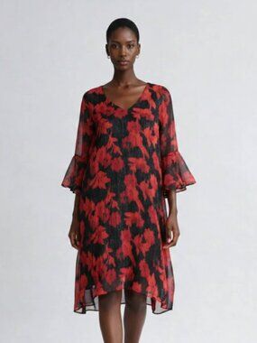 Calvin Klein Knee Length Chiffon dress with 3/4 bell sleeves